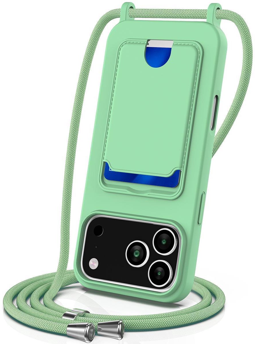 Mobigear Telefoonhoesje geschikt voor Apple iPhone 17 Pro Max Siliconen met Kaarthouder | Mobigear Lanyard Card Hoesje met koord en Pasjeshouder | Kaarthouder voor 1 Pasje | hoesje met koord Telefoonhoesje voor Pinpas / OV Kaart / Rijbewijs - Groen