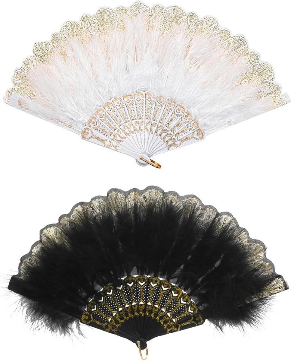 Allecto plus - Vintage stijl dames ventilatorveren set (2 stuks) - Opvouwbare draagbare verenventilator voor feestkostuum decoratie - Jaren 1920 thema