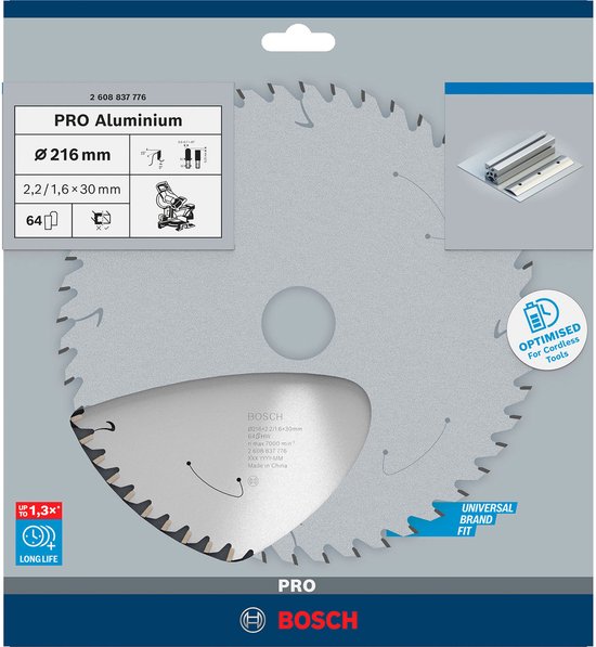 Lame de scie circulaire carbure BOSCH PROFESSIONAL 216 x 30 x 2,2 mm (64 dents) - Aluminium