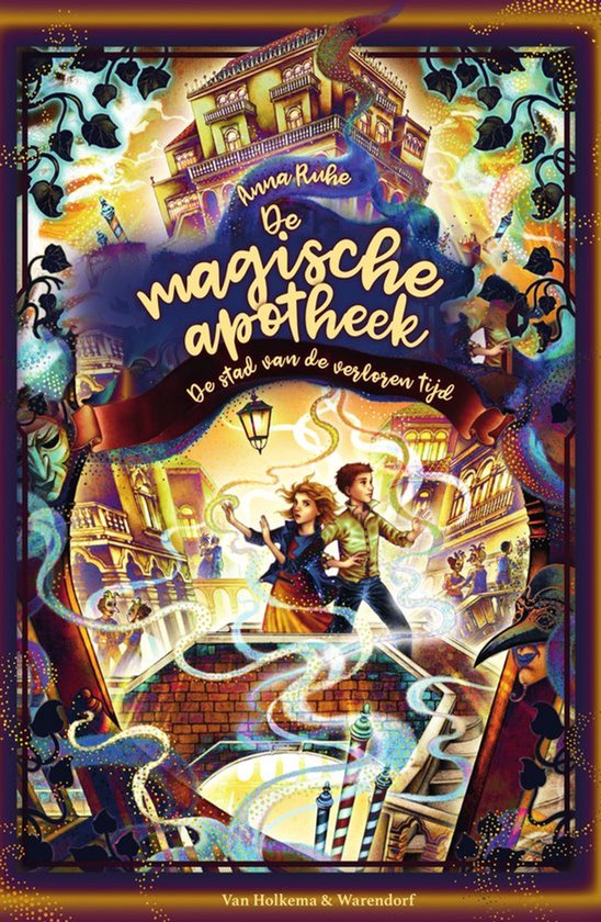 Boek 'De magische apotheek' met titel en afbeelding van twee kinderen op een brug in een stad.