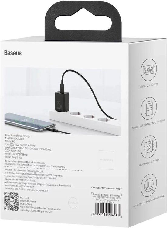 Chargeur Baseus Super Si USB C noir - charge rapide 25W