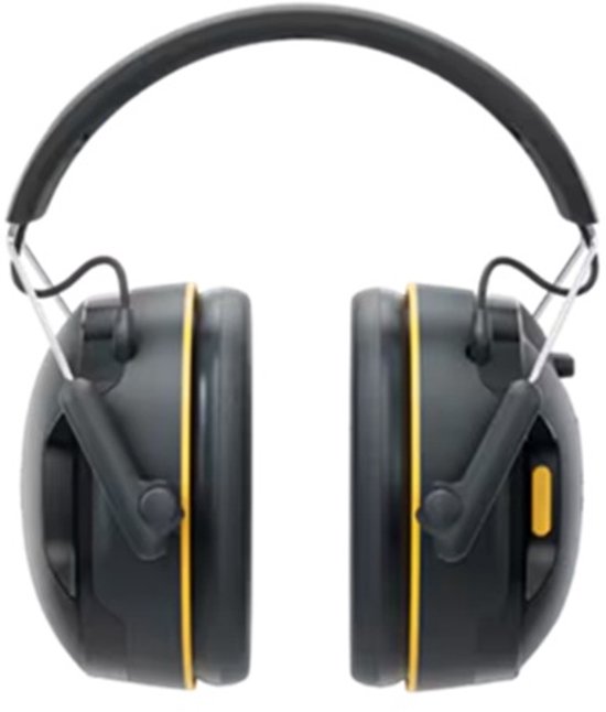 Zwarte 3M WorkTunes Connect oorkappen met gele accenten en een zwarte hoofdband.