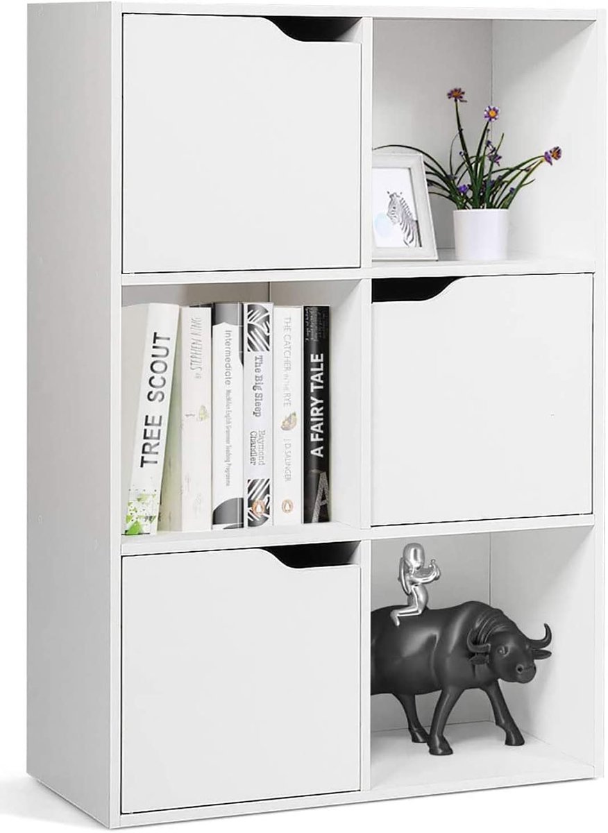 Boekenkast met 6 Vakken en 3 Deuren - Ruimtebesparend Opbergrek voor Kantoor en Woonkamer