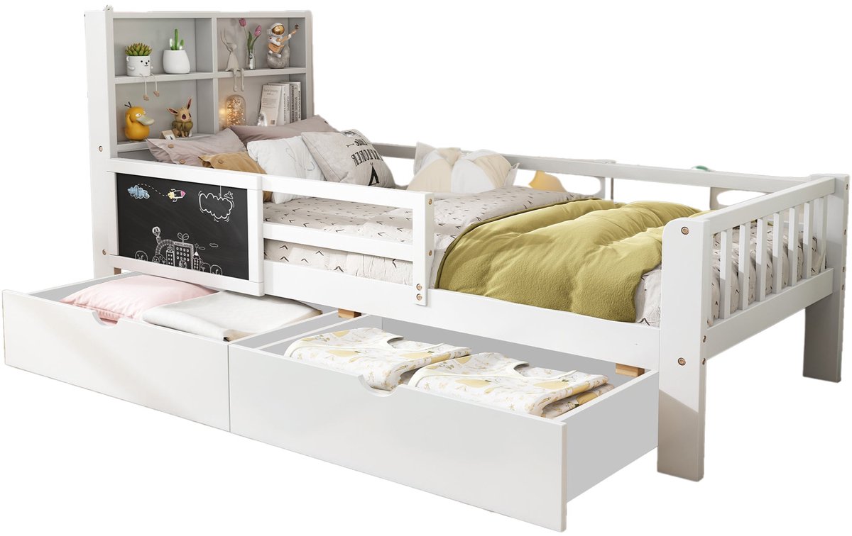 Merax Kinderbed 90x200 cm – Houten Bed met Schubladen en Schoolbord – Wit – Inclusief Houten Lattenbodem – Zonder Matras