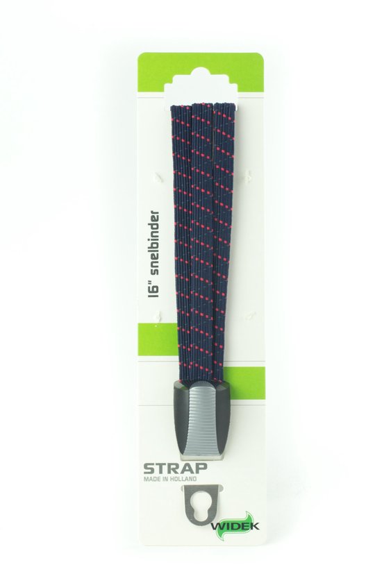Donkerblauwe snelbinder met rode stippen, 16 inch, verpakt in karton met groene en witte accenten. "STRAP MADE IN HOLLAND WIDEK".