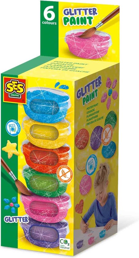 Verpakking met 6 potjes glitterschilderf. Kleuren: roze, blauw, geel, rood, groen en paars.