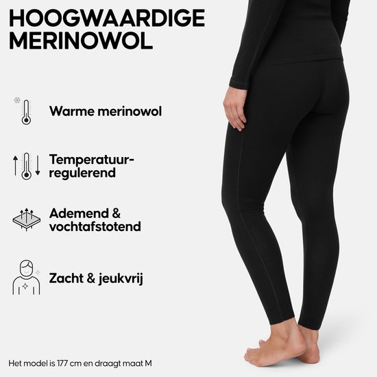 Model in zwarte merinowollen thermo legging. Warm, temperatuurregulerend, ademend, zacht.