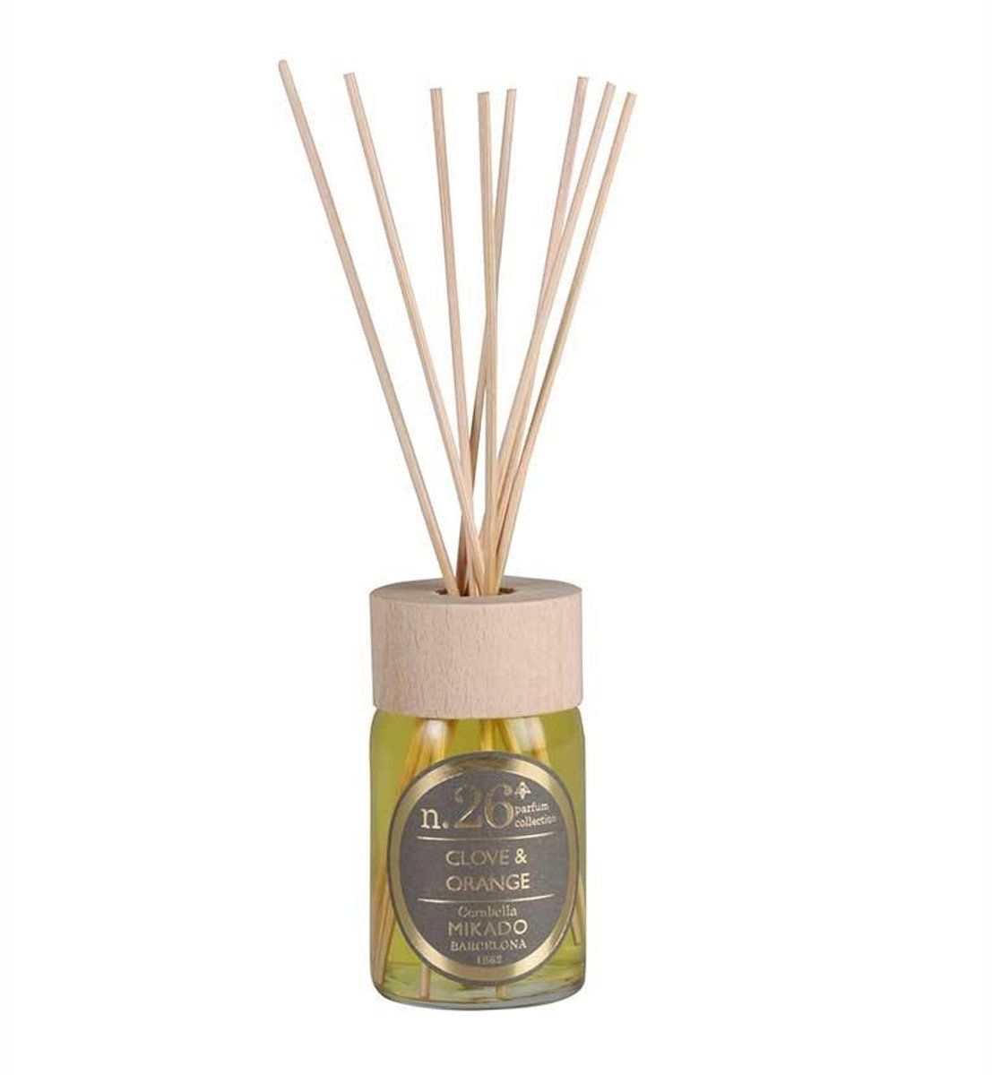 Cerabella Geurstokjes Diffuser N.26 – Kruidnagel & Sinaasappel – 100 ml – Luxe huisparfum met 8 stokjes en houten deksel