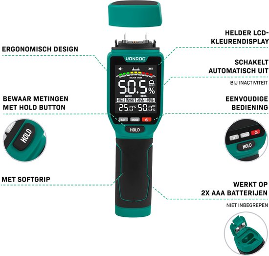 VONROC PRO Vochtmeter – LCD-display met achtergrondverlichting – professioneel en nauwkeurig gebruik – meet vocht en schimmel
