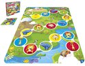 Gekleurd speelkleed met dierenafbeeldingen, rivier, auto en berglandschap. Inclusief spelkaart en doos.