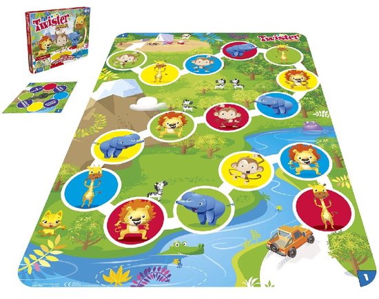 Gekleurd speelkleed met dierenafbeeldingen, rivier, auto en berglandschap. Inclusief spelkaart en doos.
