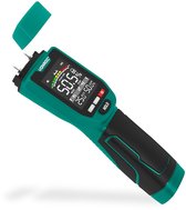 Groene en zwarte vochtmeter met open dop, pinnen en een helder LCD-kleurendisplay dat 50,5% vocht aangeeft.