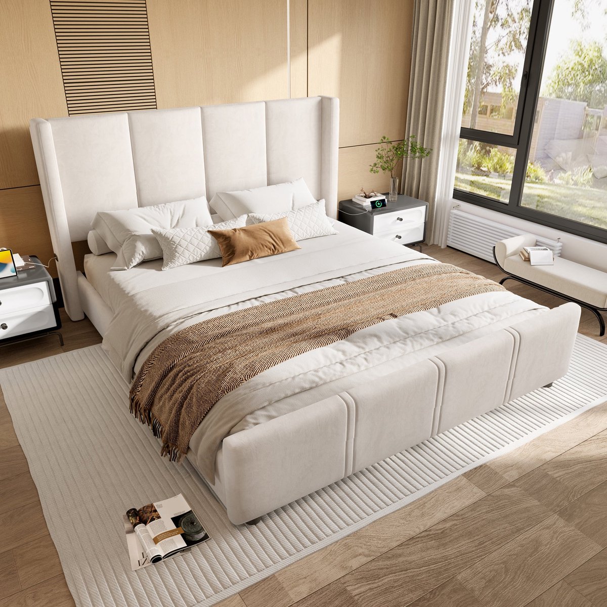 Merax Gestoffeerd Bed 140x190 – Velvet Beige – Tweepersoonsbed met Hoog Hoofdbord en Voetbord – USB en USB-C Aansluiting