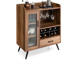 COSTWAY Keukenkast, met wijnrek en geïntegreerde glashouders, buffetkast, hout, sideboard met lade en glazen deur, vintage, 80 x 40 x 95 cm