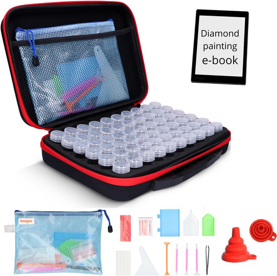 BooGoo® Diamond Painting Opbergdoos Premium Edition – Inclusief e-book – 60 Potjes – Luxe Koffer met Accessoires – Incl. Etui & Stickers