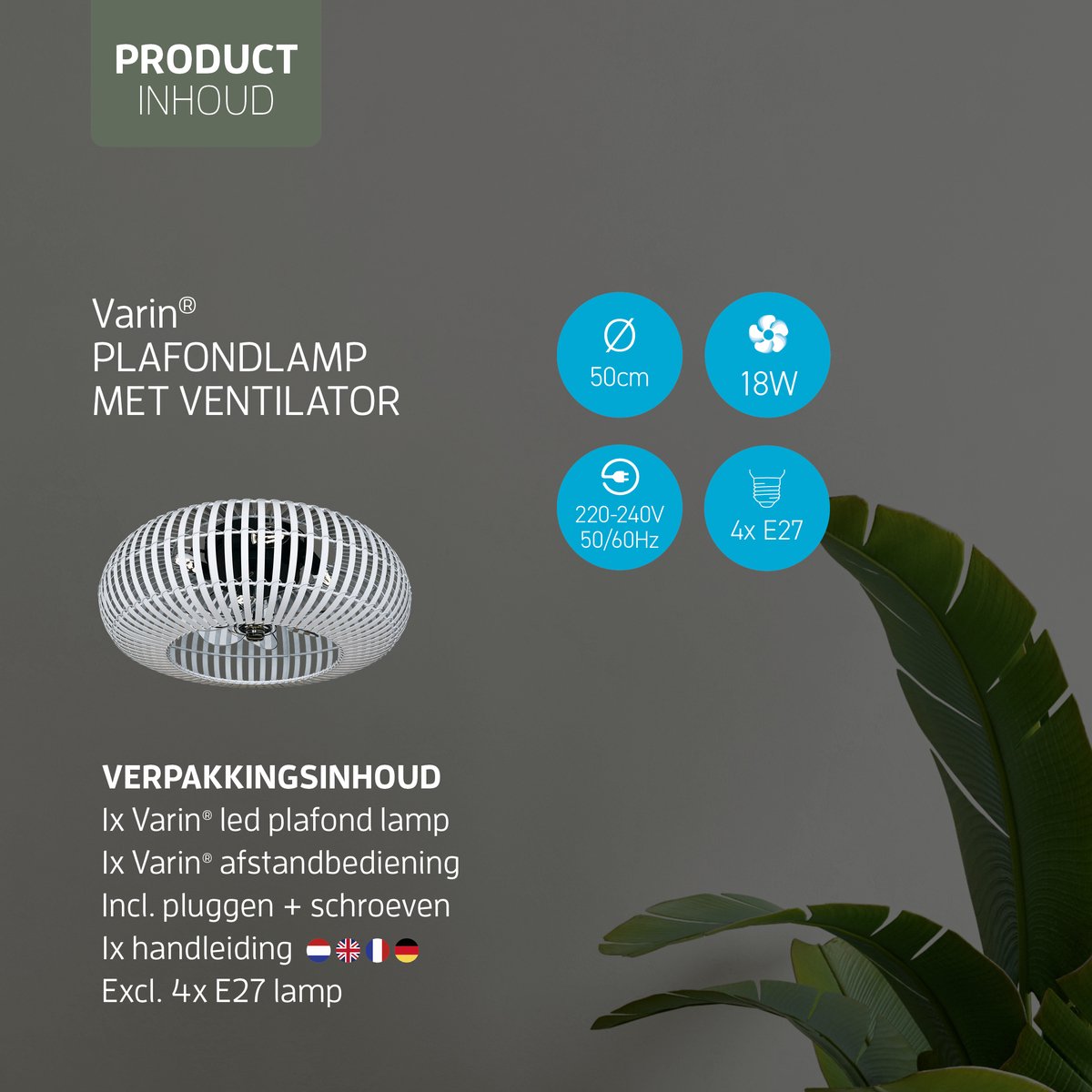 Varin® Smart Plafondlamp met ventilator - Bamboe Wit - Tuya Wifi - Ø 50cm - Plafondventilator met verlichting - Smart lamp slaapkamer - Plafonniere kinderkamer - Plafondlampen industrieel - Plafond lamp - Afstandsbediening - Plafond met ventilator thumbnail 7