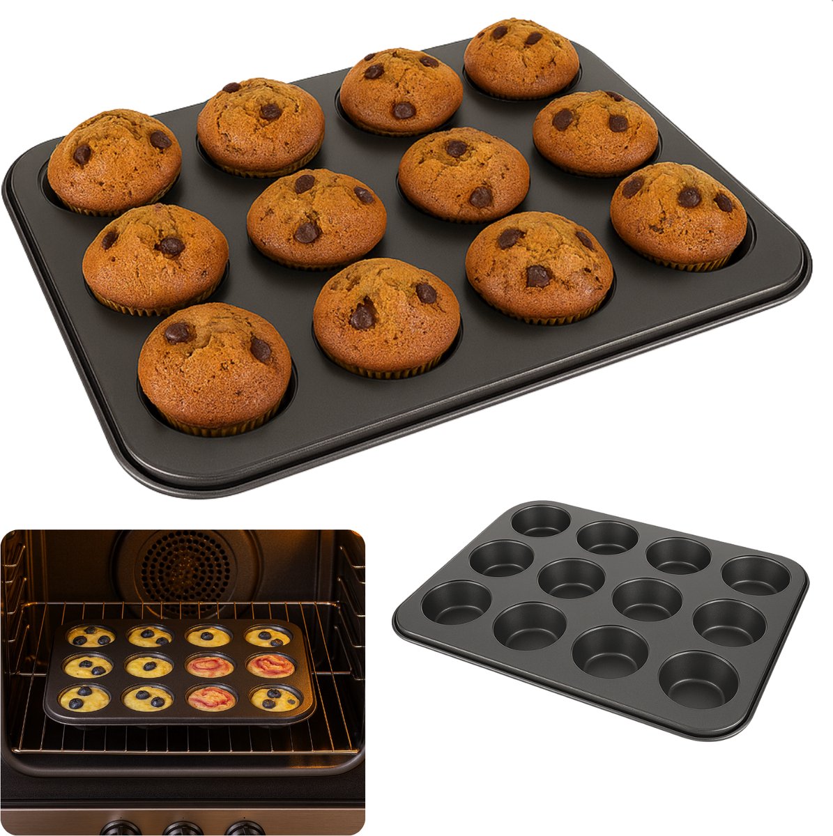 Cheqo® Muffinvorm met Non-Stick Coating - Bakvorm Cupcakes - Cupcakevorm - Ovenbestendig Tot 220 Graden - Voor 12 Muffins - Cupcake Bakvorm - Cupcakes Bakken