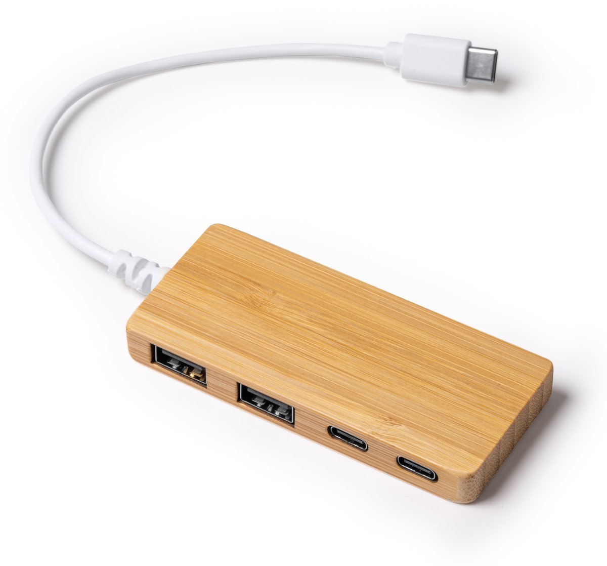 USB-hub 4 poorts in bamboe. Type C-ingangaansluiting. Twee USB- en twee Type C-uitgangspoorten.
