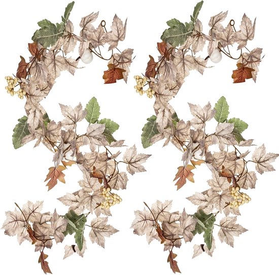 Twee herfst-esdoornblad slingers met nepbessen en kleine witte pompoenen, geïsoleerd op een witte achtergrond.