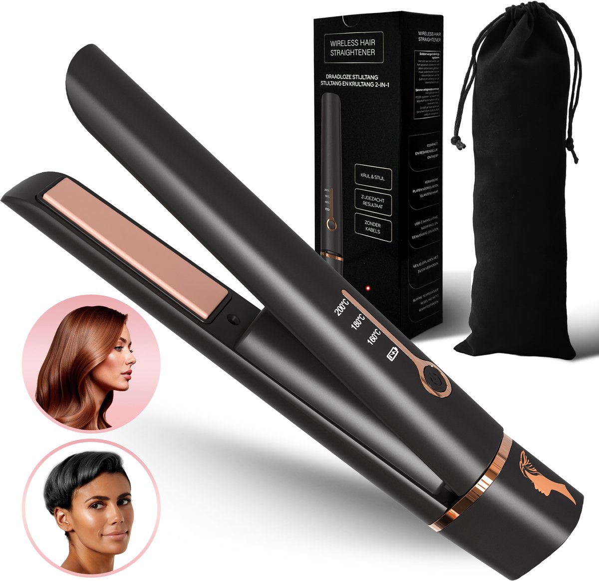 Frontalis® Draadloze stijltang - Reis Stijltang - Mini Stijltang - draadloze krultang- Baard Stijltang - Straightener - Inclusief Reisetui
