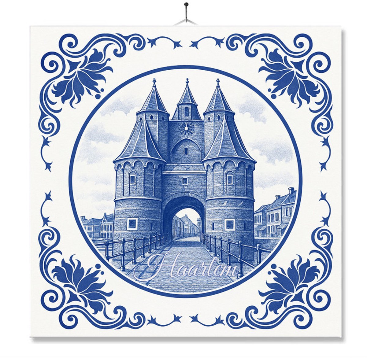 Tegel Met Opdruk | Haarlem | Delft Blauw | Cadeau | Inclusief Geschenkdoos | Standaard | Ophangsysteem