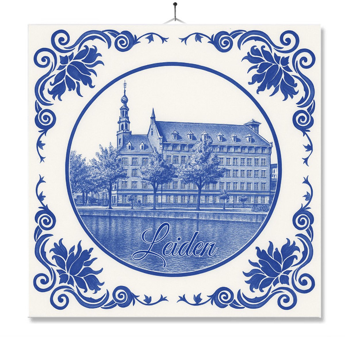 Tegel Met Opdruk | Leiden | Delft Blauw | Cadeau | Inclusief Geschenkdoos | Standaard | Ophangsysteem
