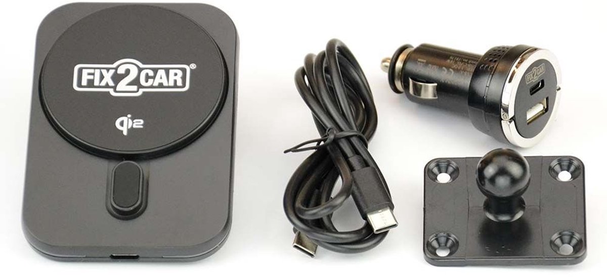 Fix2Car houder voor QI2 draadloos opladen voor Iphone 13/14/15/16, max 15W, met magnetische ring.