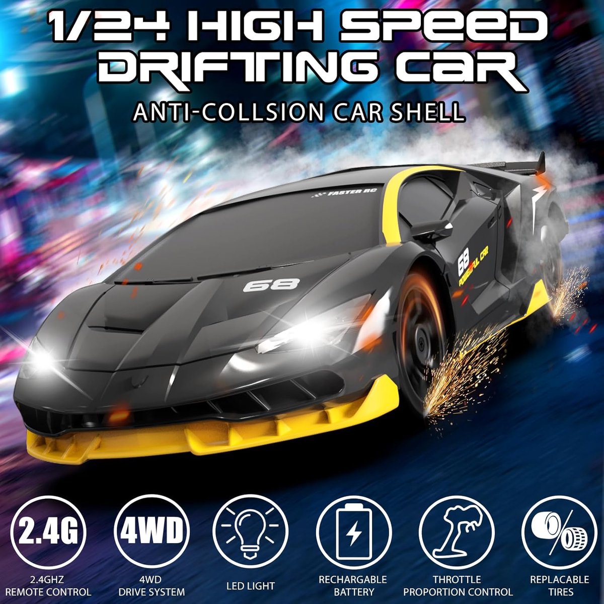 PolkaHome RC Drift Auto 1:24 – Afstandsbestuurbare RC Auto – 4WD – 2 Accu’s – 20 km/h — afbeelding 10