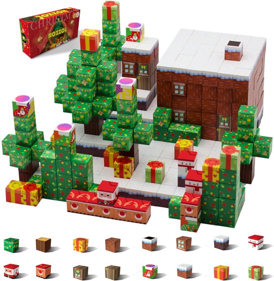 Rozzel® Magnetische Bouwstenen - 100 Stenen Kersteditie - Montessori STEM-speelgoed Kerst voor Jongens & Meisjes – Magnetisch Bouwspeelgoed - Ideaal Cadeau voor Kinderen - Kerstcadeau