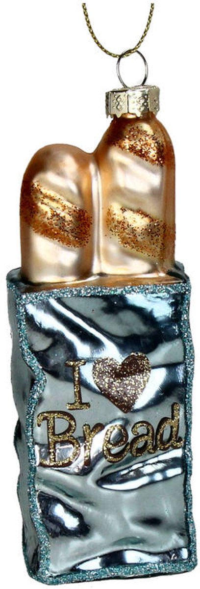 HD Collection glazen kerst ornament kersthanger I love Bread in zak turquoise 11.4 cm uit de collectie The Christmas Bakery - de Kerst Bakkerij