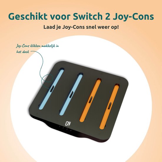 Zwart laaddock met oranje en blauwe insteekgleuven voor Switch 2 Joy-Cons, "Joy-Cons klikken makkelijk in het dock".