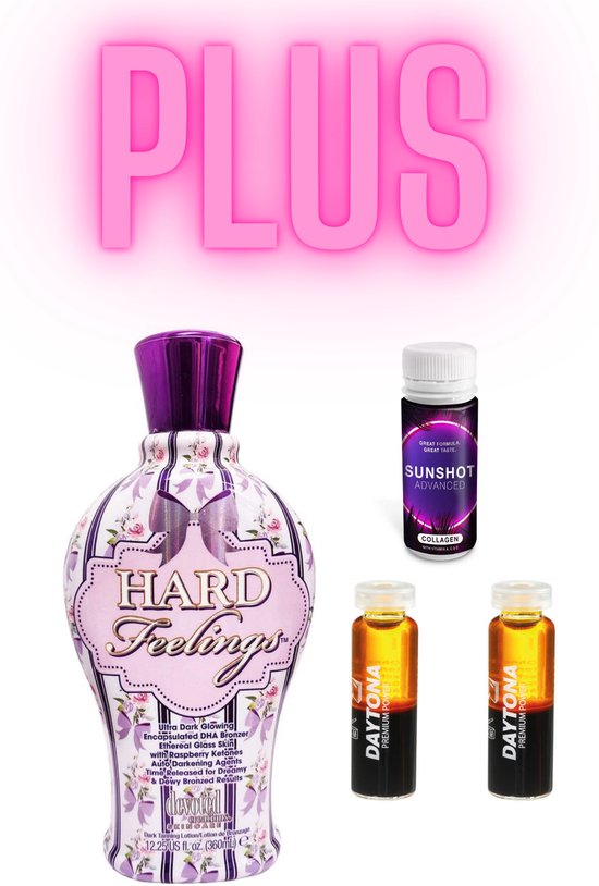 Lotion autobronzante Devoted Creations Hard Feelings avec bouchon violet, imprimée d'arcs roses et de fleurs. PLUS, Sunshot Advanced Collagène et 2x Daytona Premium Power.