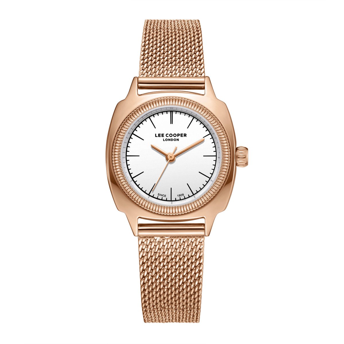 Lee Cooper LC08221.430 - Horloge - Polshorloge - Analoog - Dames - Vrouwen - Milanese-Mesh stalen band - Metaal - Vierkant - Rond - Strepen - Rosékleurig - Wit - Zwart