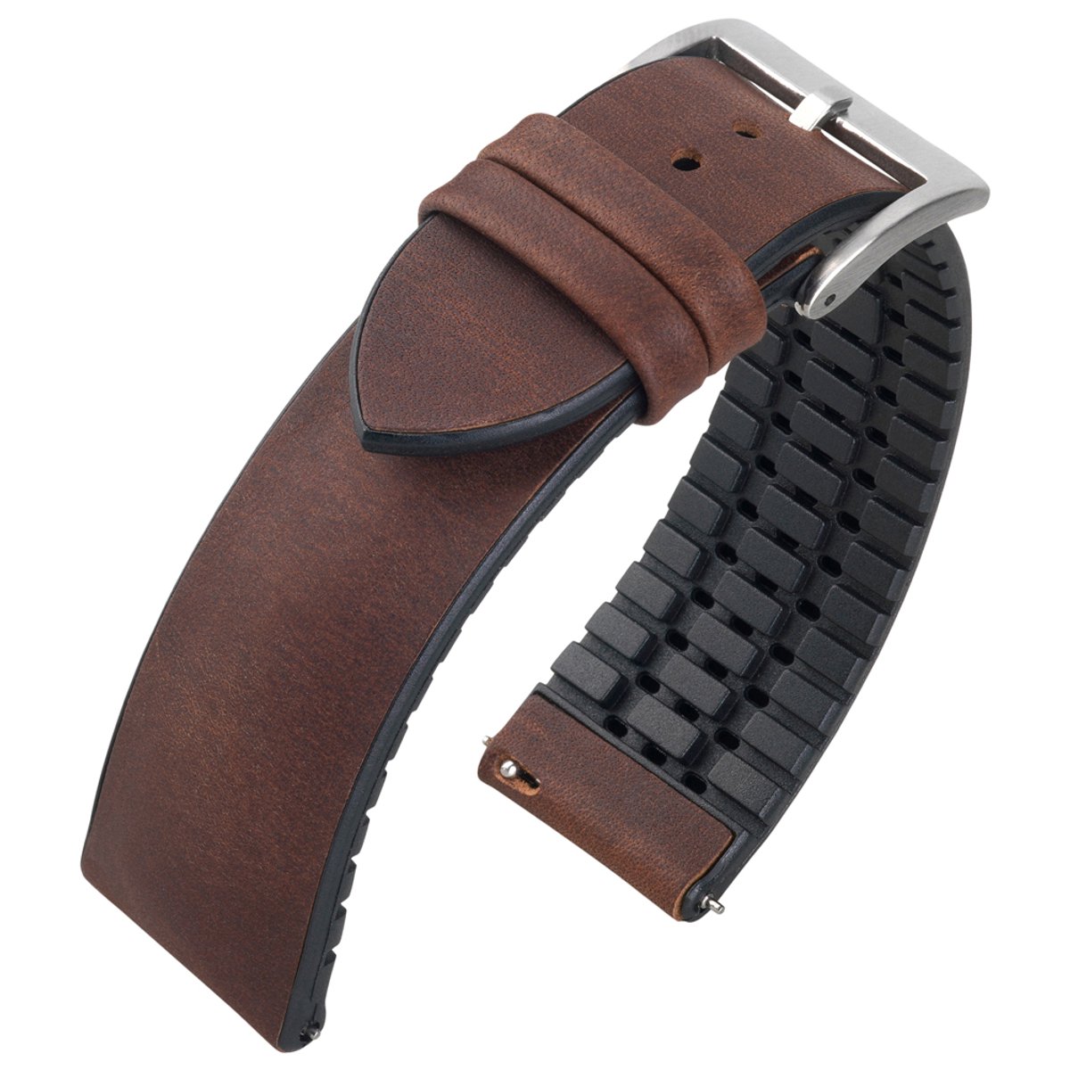 Bruin Vintage Leer op Zwart Rubberen Horlogeband - Makkelijk Zelf te Verwisselen - 20mm
