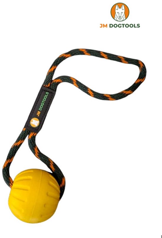 Balle jaune avec corde verte et orange et poignée de JM Dogtools