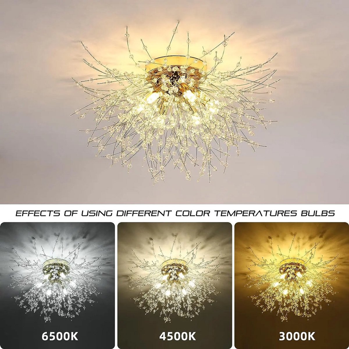 Depuley Moderne kristallen kroonluchter, 50 cm kristallen plafondlamp goud, semi-inbouwplafondlamp led, lamp met elegant design, voor woonkamer, eetkamer, slaapkamer, restaurant, E14 x 6