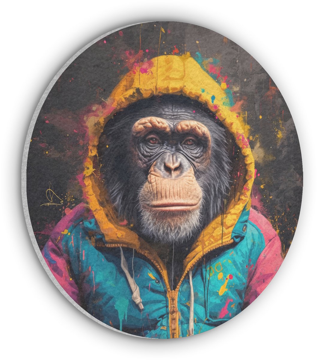 Akoestisch wandpaneel rond 30x30 cm - Vilt schilderij Graffiti - Chimpansee - Jas - Aap - Verf - Ronde akoestische panelen - Geluidsdempende wanddecoratie - Geluidsisolatie wandcirkel - Muurdecoratie geluidspanelen