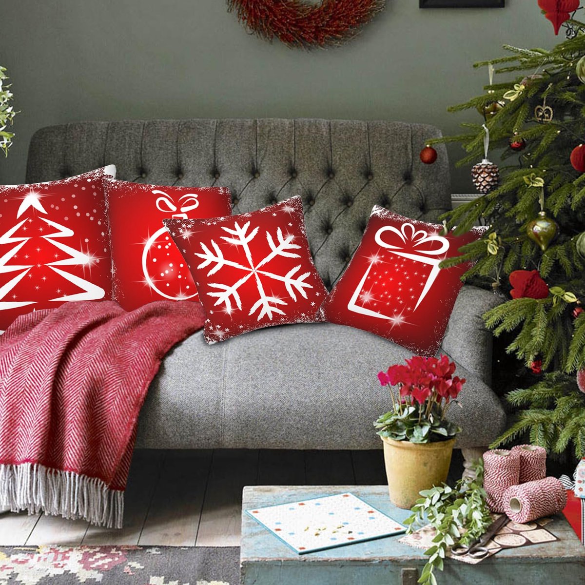 Unyqoos Set van vier zachte kussenslopen met kerstmotieven voor sfeervolle inrichting rood