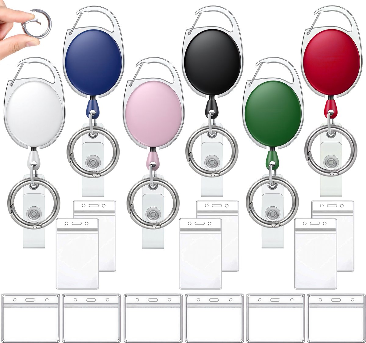 6x Uittrekbare Sleutelhangers, 12 Transparant Badgehouder & Karabijnhaken - Broekclip Pashouder/Kaarthouder - Trekkoord Skipashouder - Intrekbaar Skipas Sleutel Koord - Kecord ID Badge Houder Sleutelkoord - Clip Afrolmechanisme Rollerclip Keykoord