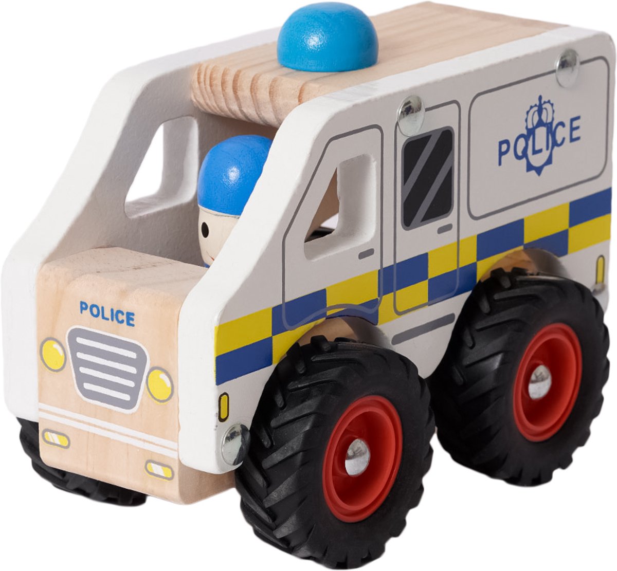 Speelgoedtopdeals - Houten Politiewagen - Speelgoedauto voor kinderen - Rubberen wielen