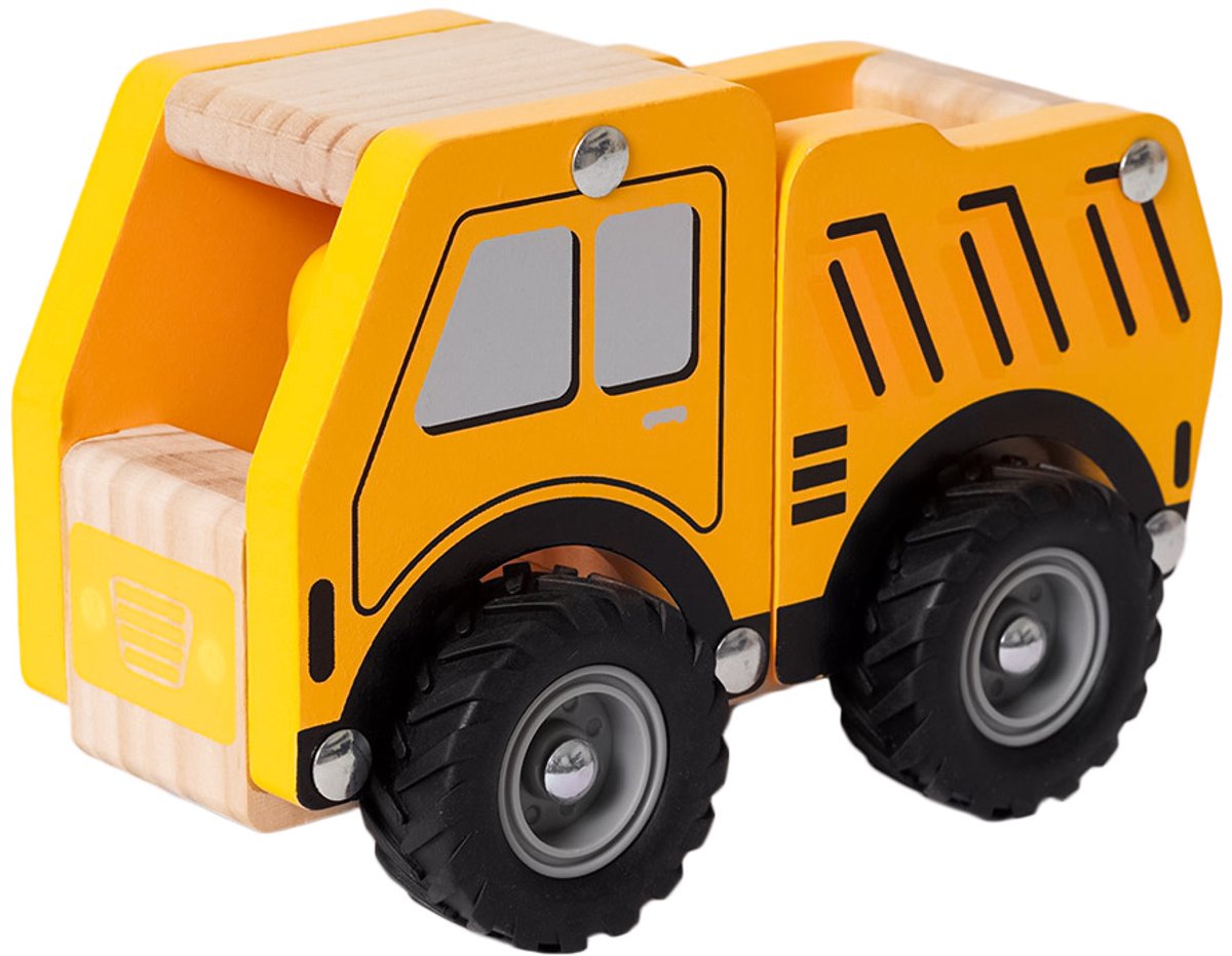 Speelgoedtopdeals - Houten Kiepwagen geel - Speelgoedauto voor kinderen - Rubberen wielen
