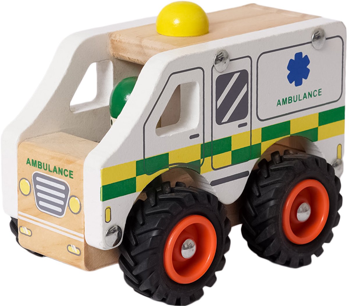 Speelgoedtopdeals - Houten Ziekenwagen - Speelgoedauto voor kinderen - Rubberen wielen