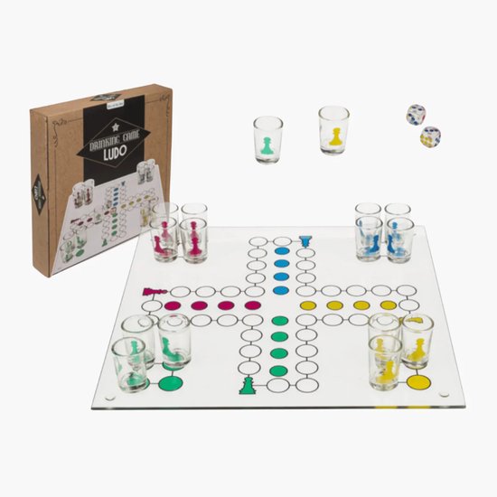 Mens-Erger-Je-Niet Drankspel – Glazen Speelbord – Inclusief 16 Shotglazen & 2 Dobbelstenen – Party Game