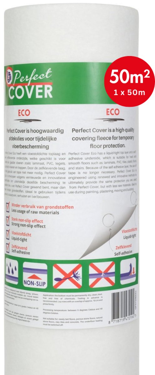 Perfect Cover® Eco Afdekvlies - 50m² - Zelfklevend en Sterk - Voor Alle Oppervlakken - Professionele Kwaliteit Stucloper & Afdekfolie - Bescherming Tijdens Bouw & Renovatie - 120GSM - Vertrouwd door Professionals