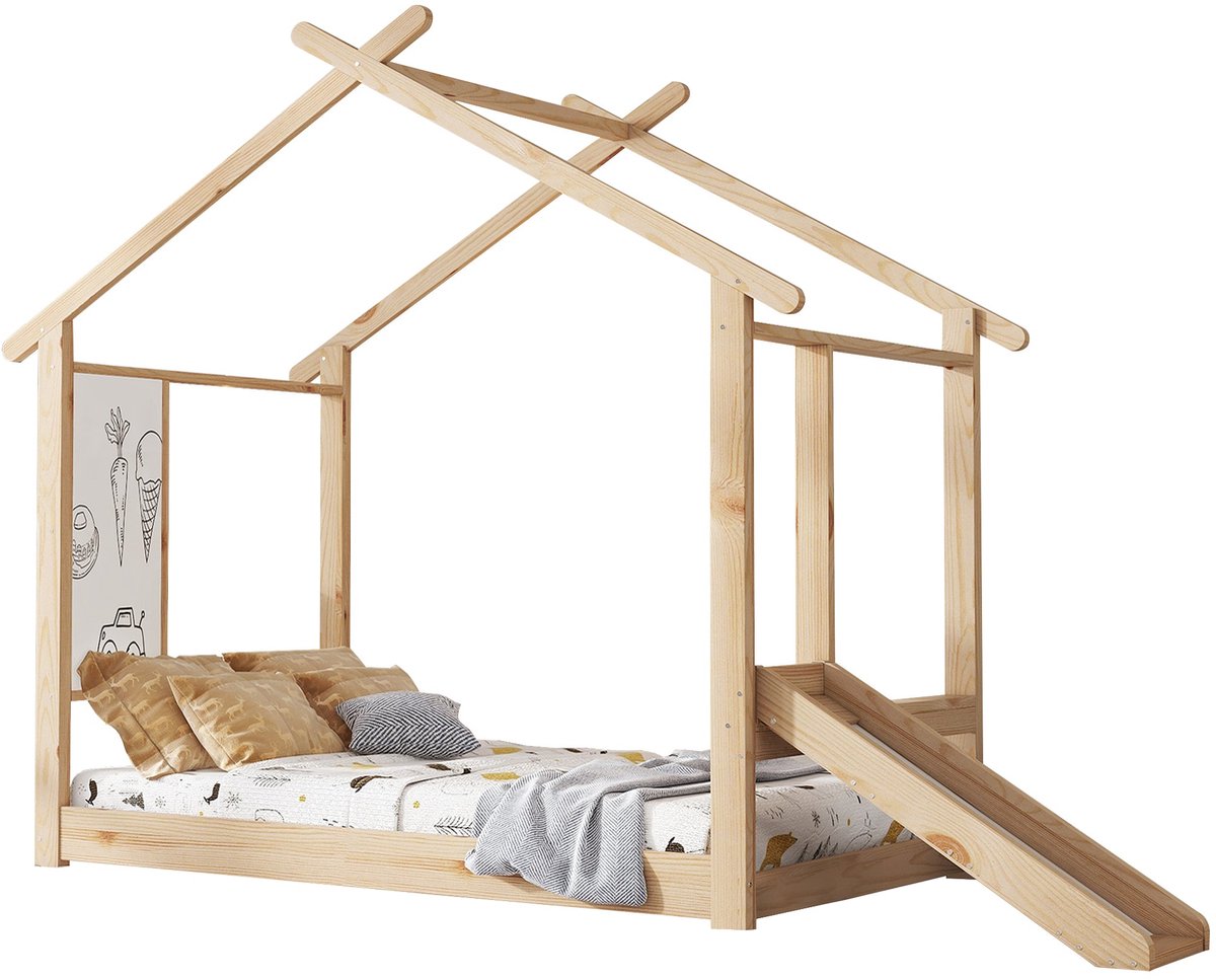 Merax Kinderbed met Rutsche - Houten Huisbed - 90x200 cm - Met Dakdesign en Whiteboard - Massief Hout & MDF - Natuurlijk