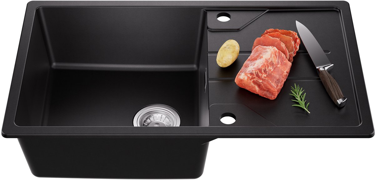 DERW MAX Spoelbak Keuken 78x45CM - Spoelbakken Graniet - Enkele spoelbak Zwart - Met waterafvoersysteem - Voor 60 cm kast