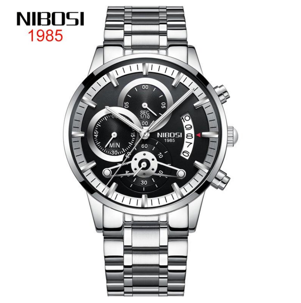 NIBOSI Horloge 2309 - Zilverkleurig-Zwart - Heren - Quartz - Chronograaf - Stalen Band - Luxe en Tijdloos