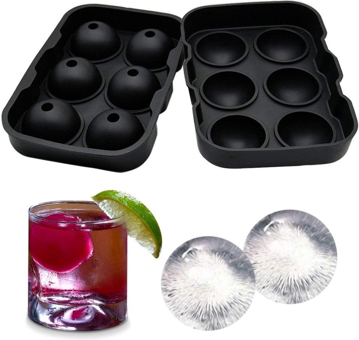6 x Ice Ball Maker ( IJsbalmaker ) - Siliconen Dienblad met deksel - Makkelijk in te vullen, te gebruiken en te reinigen - 6 ronde ijsblokjes - Vaatwasmachinebestendig - gebruik voor Gin, Whisky & cocktails