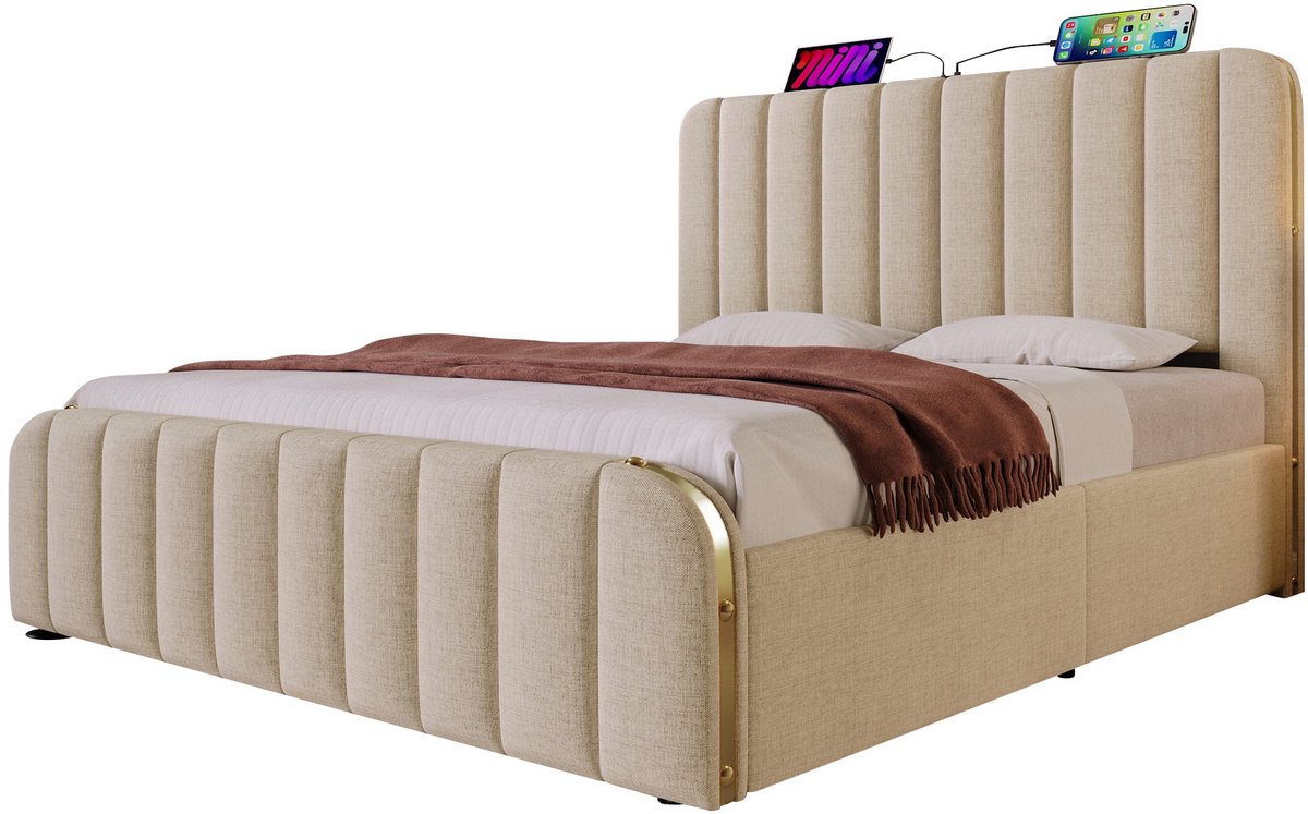 Merax Tweepersoonsbed 140×200 cm – Gestoffeerd Bed met Hoofdbord en Gouden Accenten – Bed met Lattenbodem Hydraulische Opbergruimte en USB C Oplaadfunctie – Inclusief Matras – Beige Linnen