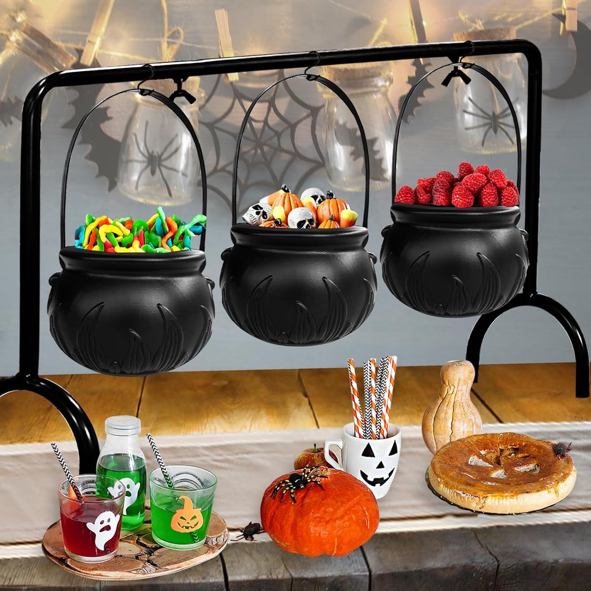 Snoepkom - Halloween Ketel Serveerschaal Decoratie, Set van 3 Zwarte Plastic Ketel Kom Han